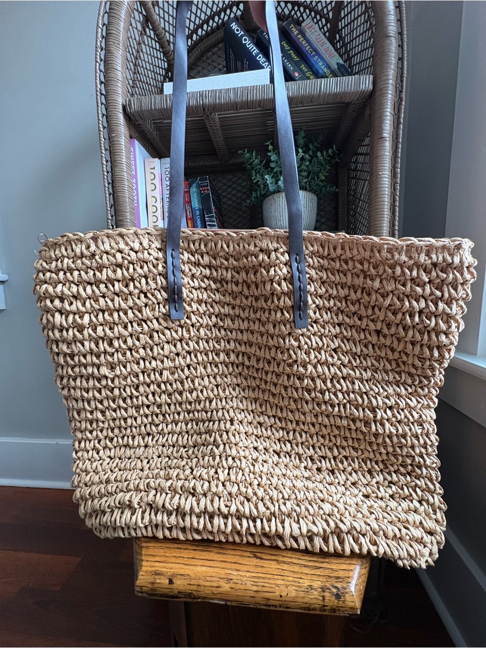 Natural Woven Straw Tote with Dark Brown Leather Handles